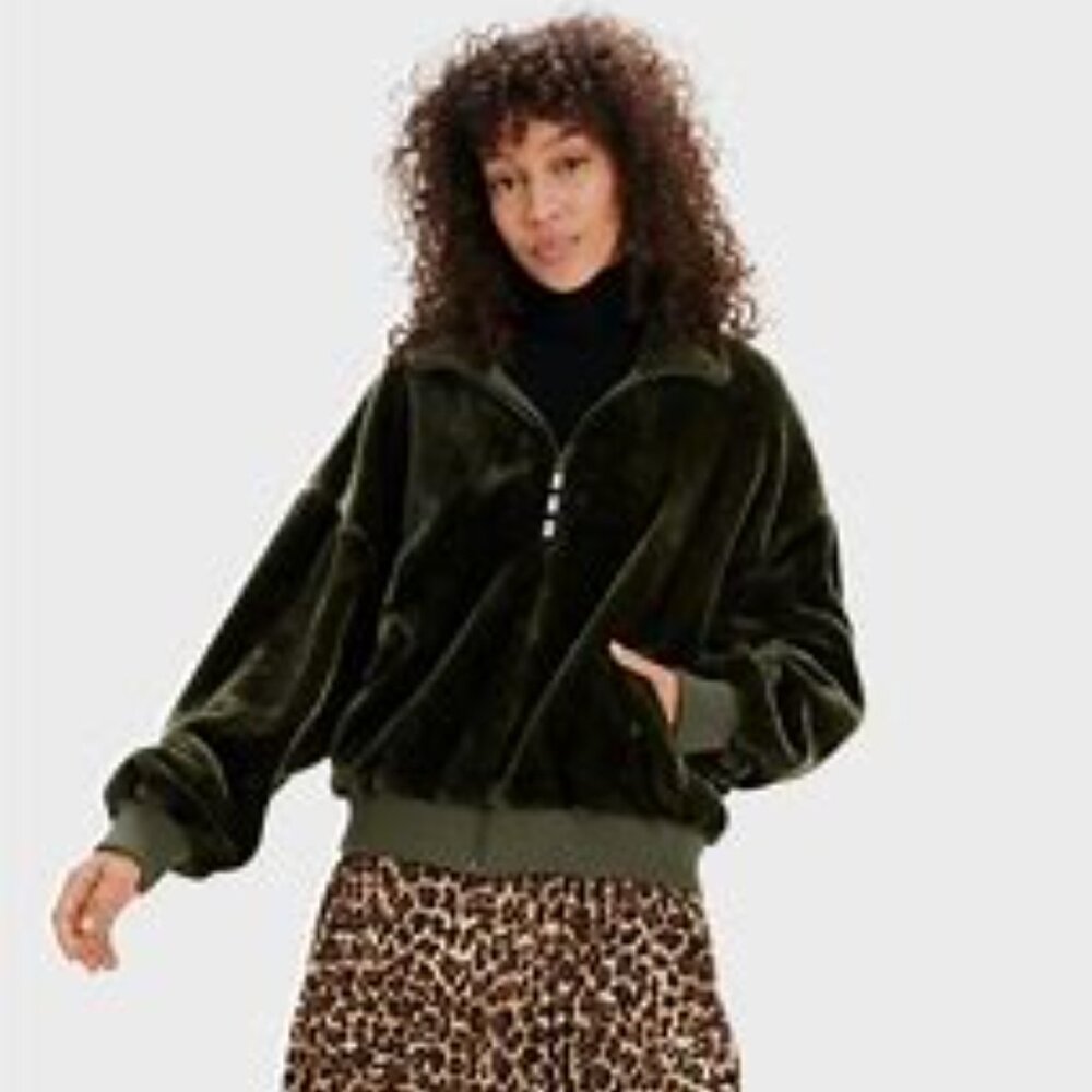 UGG Laken Women's Faux Fur Bomber Jacket in Green  SZ L  New